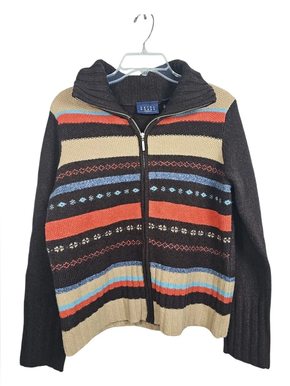 Crazy Horse 100% Wool Brown Orange Full-Zip Cardigan Southwest Fair Isle Size M
